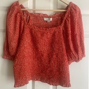 LOFT Polka Dot Smocked / Shirred Blouse w/ Puff Sleeves Size S NWT Orange White